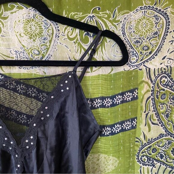 Vintage Y2K Black Silk Bedazzled Fringe Slip Dress Size Extra Small - Picture 6 of 15